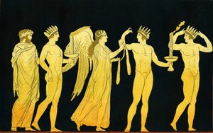 La diosa Nike otorgando la banda de la victoria a tres ganadores coronados con laurel c.1796