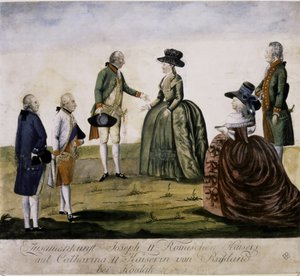 Encuentro de Catalina II y José II en el Dniéper el Ma... (grabado en color) de Johann Hieronymus Loeschenkohl