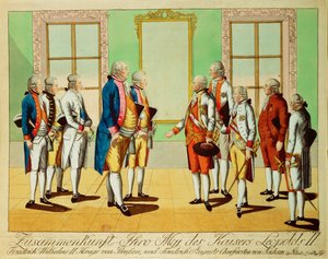 Encuentro del emperador Leopoldo II con el rey Federico Guillermo III de Prusia y el elector Federico Augusto de Sajonia en el castillo de Pilnitz ... (grabado)