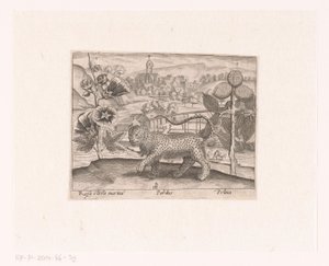 Serie de Estampas con Flores y Animales en un Paisaje Paisaje con malvarrosa, leopardo y ciruelo Paisajes con animales, plantas y flores (título de serie) de Johann Hogenberg
