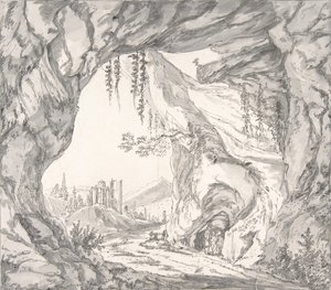 Paisaje montañoso con ruinas de un castillo y tres hombres en una cueva..., finales del siglo XVIII-principios del siglo XIX de Johann Huber