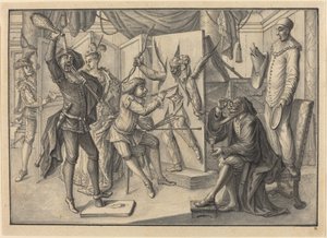 Mezzetin "pinta" un retrato de Cupido cortando el lienzo para revelar a Arlequín de Johann Jacob Schubler