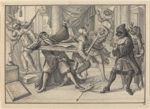 Mezzetin y Arlequín usan el marco de la imagen para atrapar a Pantalón y Pierrot de Johann Jacob Schubler