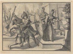 Pantalón y el Doctor Luchando con Columbina y Brigatella en el Jardín de Johann Jacob Schubler