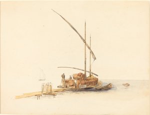 Barriles de Vino Cargados en una Barca de Vela en Vevey de Johann Jacob Ulrich