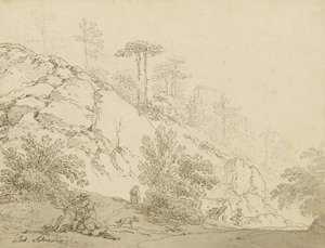 Agricultores descansando en terreno rocoso, castillo de fondo de Johann Josef Schindler