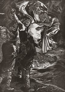 Macbeth y Banquo se encuentran con las tres brujas, siglo XX (grabado) de Johann Joseph Aarts