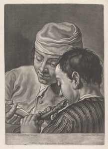 Retrato de dos hombres, uno tocando la flauta dulce