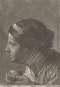 Retrato de mujer con fruta en la mano