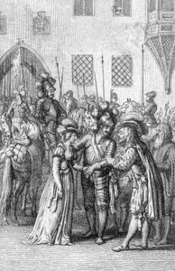 El emperador Enrique VII de Luxemburgo (1275-1313) conoce a su futura esposa Margarita de Brabante (1276-1311) hija de Juan I, duque de Brabante y Margarita de Dampierre (Henry VII, Holy Roman Emperor meets his wife Margaret of Brabant, daughter of John I, de Johann Michael Mettenleiter