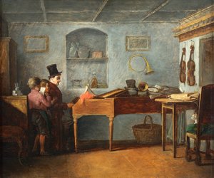 El director de la escuela con los niños cantando al piano par Johann Michael Neder de Johann Michael Neder