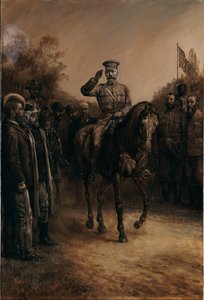El General Lord Kitchener saludando mientras pasa frente a los líderes bóer que se quitan el sombrero, 1902 de Johann Nepomuk Schonberg