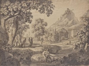 Paisaje clásico con un templo, un gigante en una montaña de Johann Nepomuk Schödlberger
