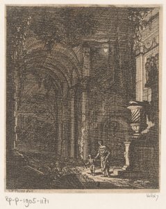 Dos figuras iluminan unas antiguas ruinas con una antorcha
Ruinas y edificios antiguos (título de la serie)
Alcune Inventione de Ruini et Architectura (...) (título de la serie)