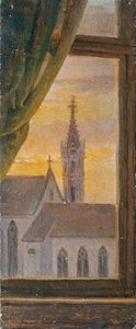 Ver a través de una ventana de una torre de iglesia gótica