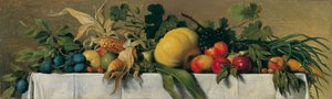 Bodegón con frutas y verduras sobre un mantel blanco