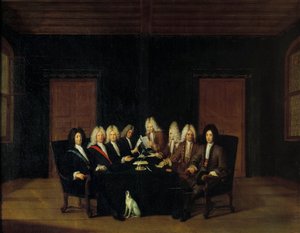 Guerra de Sucesión Española: Los plenipotenciarios reunidos alrededor del Mariscal Duque de Villars y el Príncipe Eugenio de Saboya-Carignan en el Congreso de Paz en Borden, el 7/09/1714 de Johann Rudolph the Elder Huber