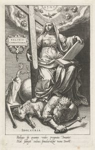 La religión cristiana (Religio Christiana) supera la idolatría (Idolatria) Religión Christiana (título sobre objeto) Las virtudes conquistan los vicios (título de la serie) de Johann Sadeler (I)