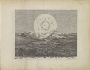 Primer día de la creación: separación de la luz y las tinieblas
Creación del mundo (título de la serie)
Theatrum Biblicum Hoc Est Historiae Sacrae Veteris et Novi Testamenti Tabulis Aeneis Expressae (título de la serie) de Johann Sadeler (I)