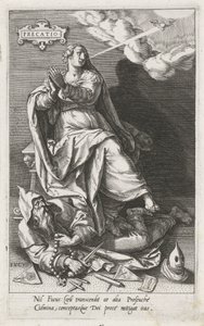 La Oración (Precatio) Vence la Hipocresía (Fucus) Precatio (título sobre objeto) Las virtudes conquistan los vicios (título de la serie) de Johann Sadeler (I)