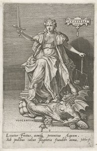 La justicia (Justitia) vence a la violencia (Violentia) Justicia (título sobre objeto) Las virtudes conquistan los vicios (título de la serie) de Johann Sadeler (I)