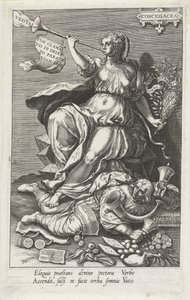 La conciencia (Conciosacra) vence a los falsos profetas (Pseudo Prophetae) Conciosacra (título sobre objeto) Las virtudes conquistan los vicios (título de la serie) de Johann Sadeler (I)