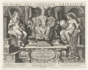 Autoridad (Potestas), Prestigio (Nobilitas) y Benevolencia (Liberalitas) Impresión de título para una serie sobre las cualidades de un príncipe Principales actividades de un príncipe (título de la serie) Schema, seu speculum principum (título de la serie)  de Johann Sadeler (I)
