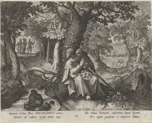San Suatacopio como Ermitaño La vida virtuosa de los ermitaños (título de la serie) Trophaeum vitae solitariae (título de la serie) de Johann Sadeler (I)
