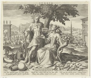 Italia, con Venus y Apolo Italia (título sobre objeto) Representaciones alegóricas de países europeos (título de la serie) de Johann Sadeler (I)
