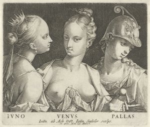 Juno, Venus en Minerva Ivno Venvs Pallas (título sobre objeto) de Johann Sadeler (I)