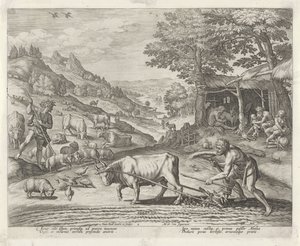 Caín y Abel como granjero y pastor Historia de la familia de Caín / Sobre las buenas y malas obras (título de la serie) Boni et mali scientia (título de la serie) de Johann Sadeler (I)