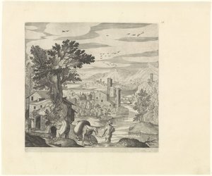 Paisaje con un granjero y su burro. Paisajes italianos (título de la serie) de Johann Sadeler (I)
