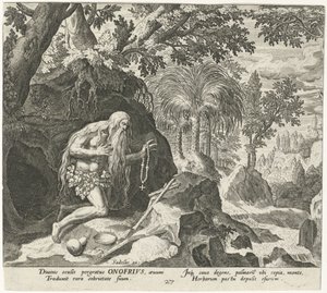 Onifrio el Grande como un ermitaño Ermitaños masculinos (título de la serie) Solitudo Sive Vitae Patrum Eremicolarum (título de la serie) de Johann Sadeler (I)