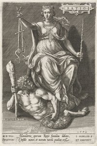 Razón (Ratio) vence a Violentia (Violentia) Ratio (título sobre objeto) Las virtudes conquistan los vicios (título de la serie) de Johann Sadeler (I)