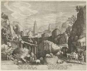 Paisaje rocoso con la fábula del burro y el jabalí Emblemas en un paisaje (título de la serie) de Johann Sadeler (I)