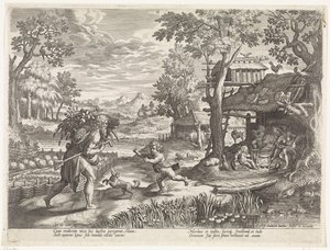 Set saluda a Adam a su regreso del campo. Historia de la familia de Set / Juzgando lo bueno y lo malo (título de la serie) Bonorum et Malorum consensio (título de la serie) de Johann Sadeler (I)