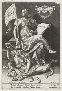 La confianza (Fiducia) vence al engaño secreto (Tecti doli) Fidvcia (título sobre objeto) Las virtudes conquistan los vicios (título de la serie) de Johann Sadeler (I)