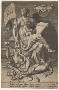 Fiducia, una mujer sentada sostiene un libro y una bandera mientras gira la cabeza alejándose de un desnudo, 1579