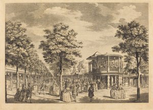 Jardines de Vauxhall mostrando el Gran Paseo en la entrada del jardín y la orquesta con música tocando de Johann Sebastian Müller after Samuel Wale