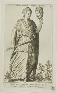 Calíope, musa de la poesía épica, lámina 12 de Parnassus Biceps de Johann Theodor de Bry