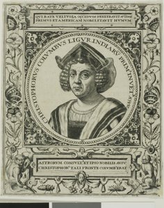 Cristóbal Colón, frontispicio del volumen 5 de América de Theodor de Bry de Johann Theodor de Bry