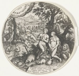 Dios habla con Adán y Eva en el Paraíso de Johann Theodor de Bry
