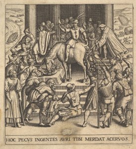 Hombres recogiendo estiércol caído de las ancas de una mula, con un jinete sentado, 1592-1614 de Johann Theodor de Bry