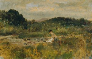 Arroyo paisaje con una niña sentada