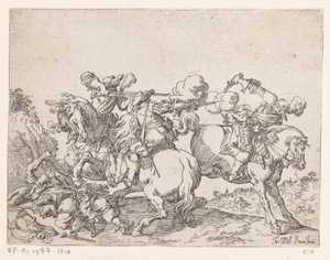 Dos mosqueteros a caballo disparan a un jinete Escenas de batalla (título de la serie) Capricci di varie battaglie (título de la serie) de Johann Wilhelm Baur