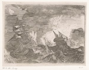 Cinco veleros en el mar durante una tormenta Barcos en tiempo tormentoso (título de la serie) de Johann Wilhelm Baur