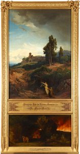 Abrahams Bitte für Sodom (oben). Die Flucht Lots (unten). Aus dem Zyklus "Zwölf biblische Landschaften mit der Geschichte Abrahams" de Johann Wilhelm Schirmer
