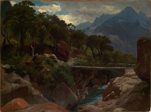 Río de montaña suizo con pasarela de Johann Wilhelm Schirmer