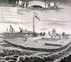 Madera o aserradero de la Compañía Holandesa de las Indias Orientales en la isla a dos millas de Batavia, pub. 1744