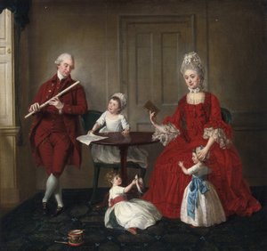 Rococó: Retrato del Sr. y la Sra. James Blew y sus tres hijos en un elegante interior de Johann Zoffany